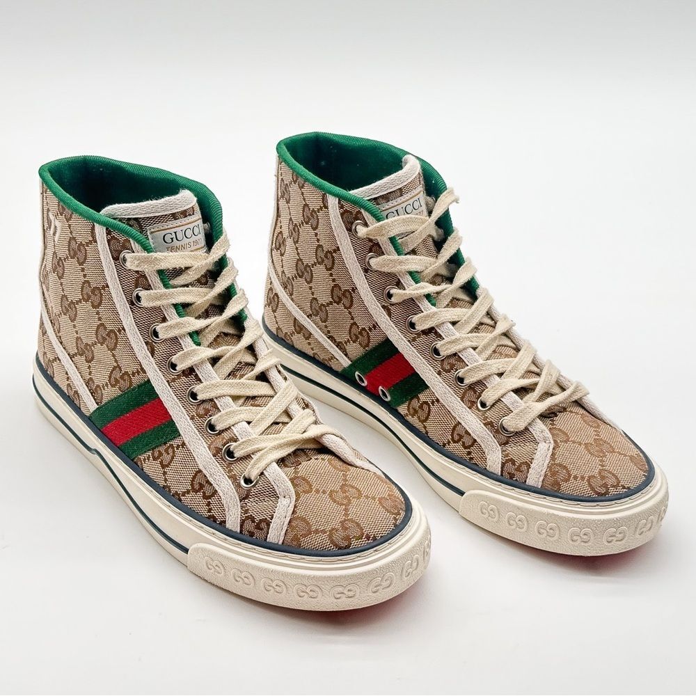 Gucci Tennis 1977 GG Monogram High Top Womens Sneakers Beige Tan EU 37.5 US 7.5